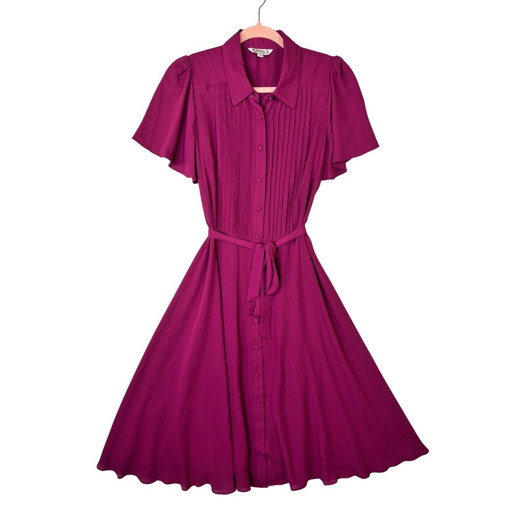 Nanette Lepore Magenta Pintuck Pleated Button Front Belted A-Line Dress Size 4